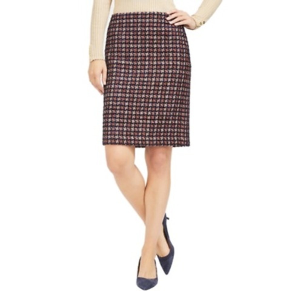 J McLaughlin Tweed Skirt Navy Red Gold Metallic‎ Knee Length 12 Houndstooth New